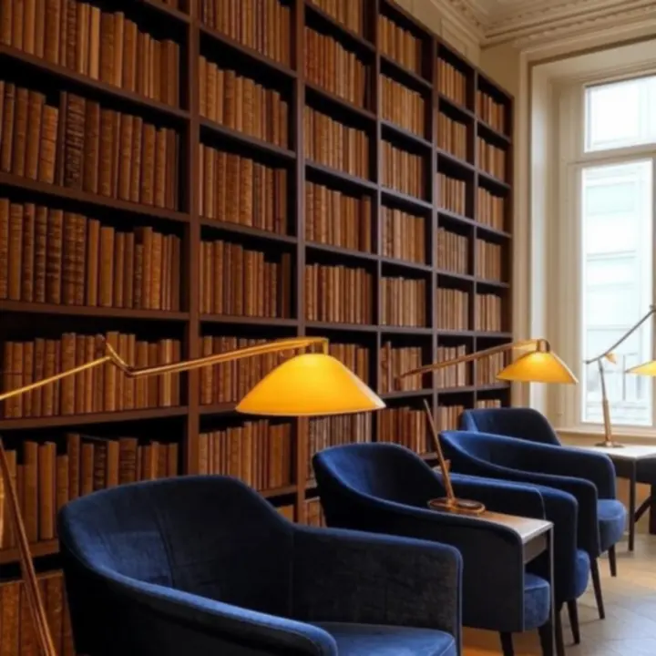 Wnętrze księgarni BookPulseZone – eleganckie półki z książkami w ciepłym oświetleniu