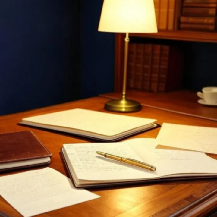 Przestrzeń pracy autora z książkami i notatnikami