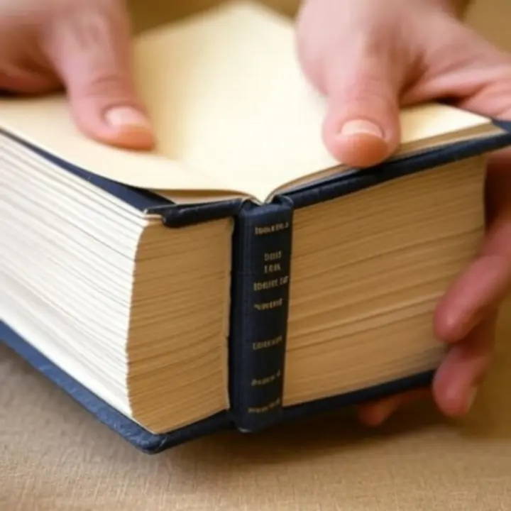 Zbliżenie na teksturę płóciennej okładki książki i złocone detale grzbietu