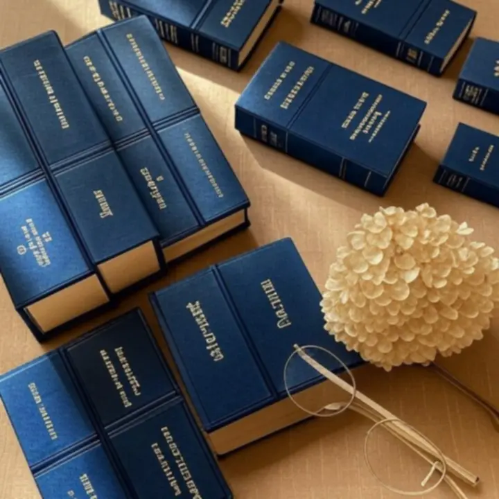 Starannie wyselekcjonowana kolekcja książek ułożonych w artystycznej kompozycji