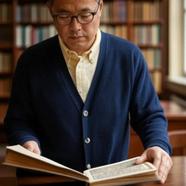 Portret kuratora BookPulseZone przeglądającego rzadki tom w okularami