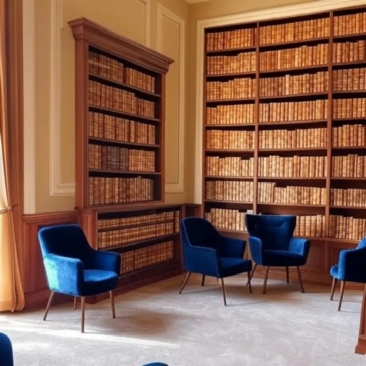 Elegancka wnętrze księgarni z półkami pełnymi książek w ciepłym oświetleniu