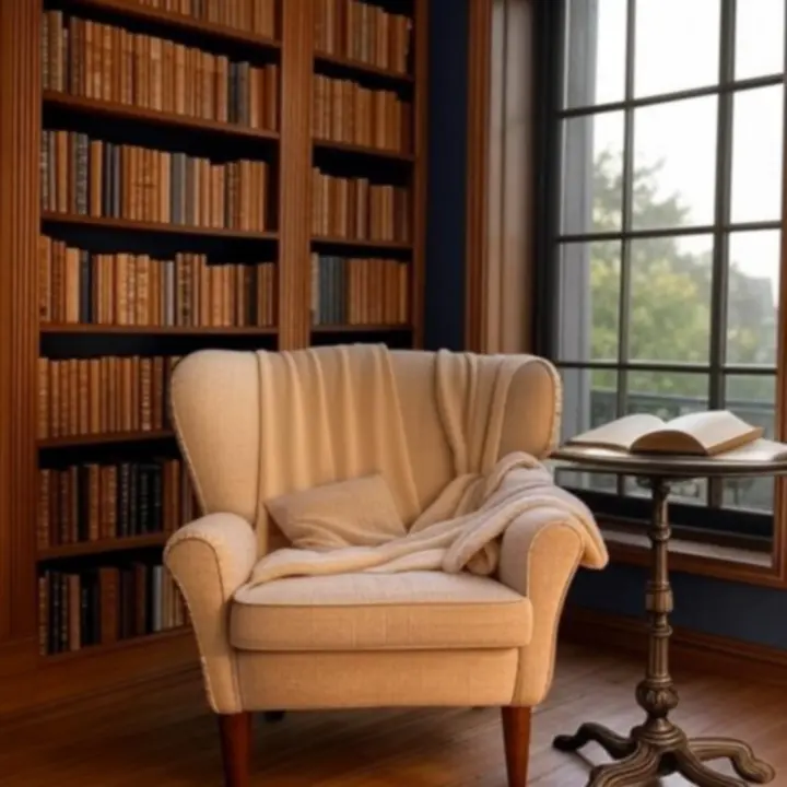 Atmosfera wyrafinowanej przestrzeni do czytania z akcentami ciepłego światła i starannie wyselekcjonowanych książek